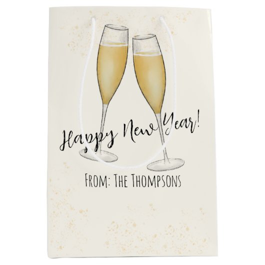 新年パーティーお洒落可愛いおもしろいシャンパン ミディアムペーパーバッグ (正面)