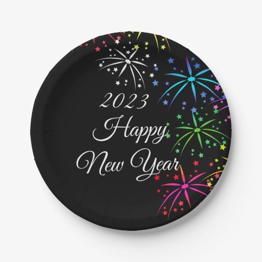 新年パーティーカラフル花火ブラック ペーパープレート (正面)