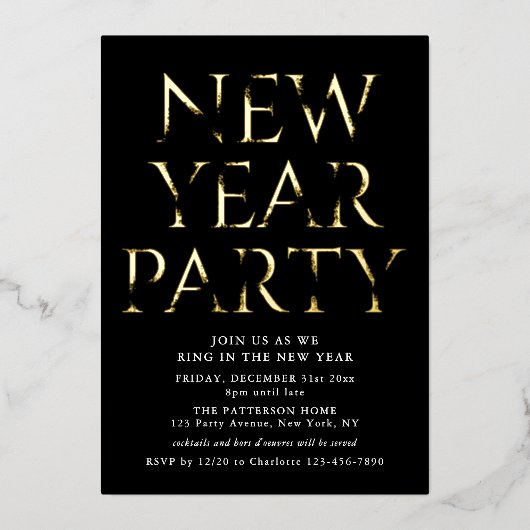 新年パーティーシンプルミニマル金ゴールドスクリプトフォイル 箔招待状 (正面)