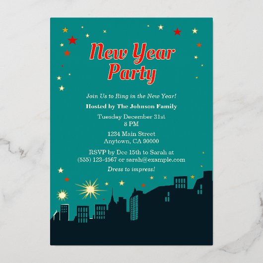 新年パーティーミッドセンチュリーモダンスタイル 箔招待状 (正面)