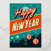 新年パーティーミッドセンチュリーモダンスタイル 箔招待状 (裏面)