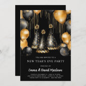新年パーティー2025金ゴールドブラックバルーン 招待状 (正面/裏面)
