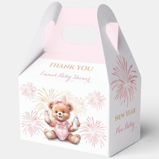新年ピンクの女の子の赤ちゃんシャワー大切妻 フェイバーボックス (正面)