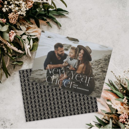 新年フォトエレガントアールデコタイポグラフィ黒 シーズンカード