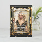 新年ブラック金ゴールドシングルパーティーエレガント女性 招待状 (スタンド正面)