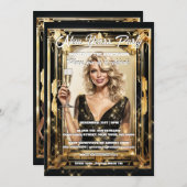 新年ブラック金ゴールドシングルパーティーエレガント女性 招待状 (正面/裏面)