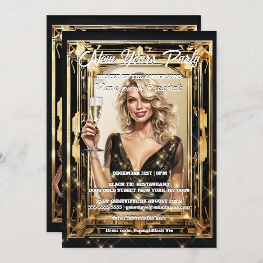 新年ブラック金ゴールドシングルパーティーエレガント女性 招待状 (正面/裏面)