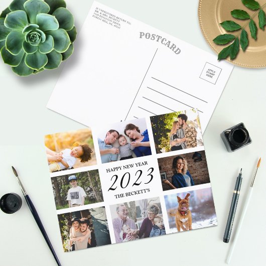 新年モダンおめでとう8写真コラージュ シーズンポストカード