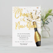 新年モダンのパーティー金ゴールドへのシャンパン応援 箔招待状 (立ち正面)