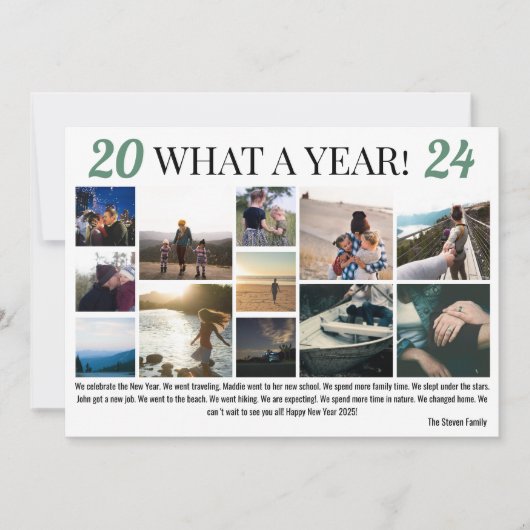 新年レビュー12枚の写真コラージンググリッドグリーン シーズンカード (正面)