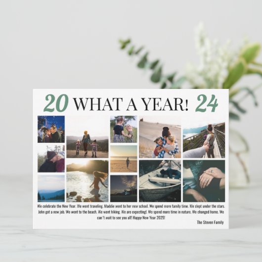 新年レビュー12枚の写真コラージンググリッドグリーン シーズンカード (スタンド正面)