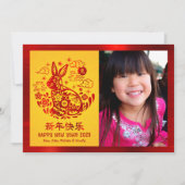 新年中国のうさぎ2023レッドフォイルイエローフォト シーズンカード (正面)