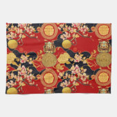 新年中国ののアジアのモダンパターン キッチンタオル (横)