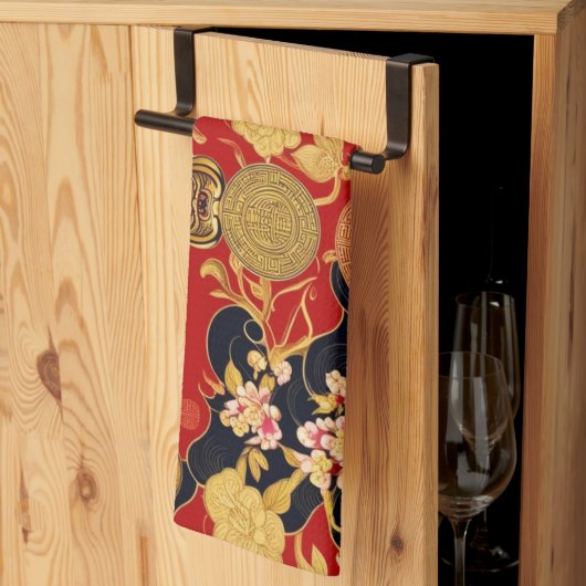 新年中国ののアジアのモダンパターン キッチンタオル (三つ折り)