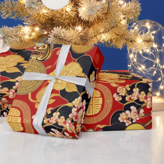新年中国ののアジアのモダンパターン ラッピングペーパー (クリスマス)