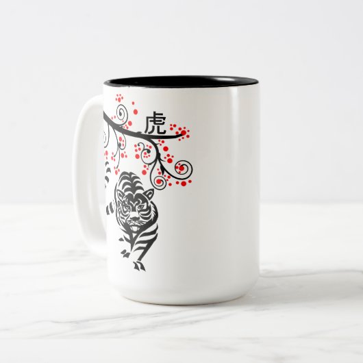 新年中国のの虎と赤い花 ツートーンマグカップ (正面左)