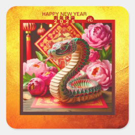 新年中国のの蛇と牡丹折り紙SqS スクエアシール