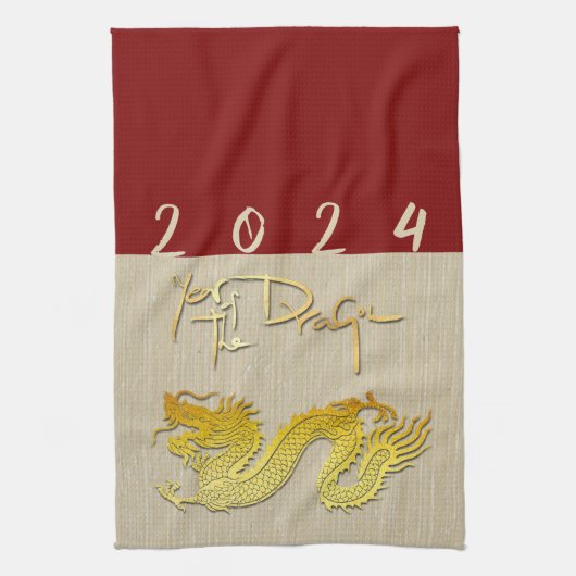 新年中国のドラゴン金ゴールド紙カット〔占星術の〕十二宮図KT キッチンタオル (縦)