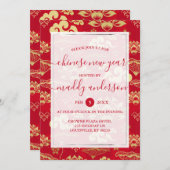 新年中国の赤金ゴールドロータスフローラパーティー 招待状 (正面/裏面)