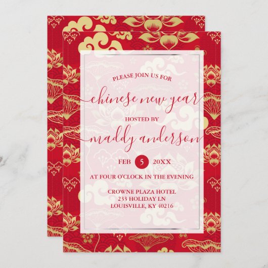 新年中国の赤金ゴールドロータスフローラパーティー 招待状 (正面/裏面)
