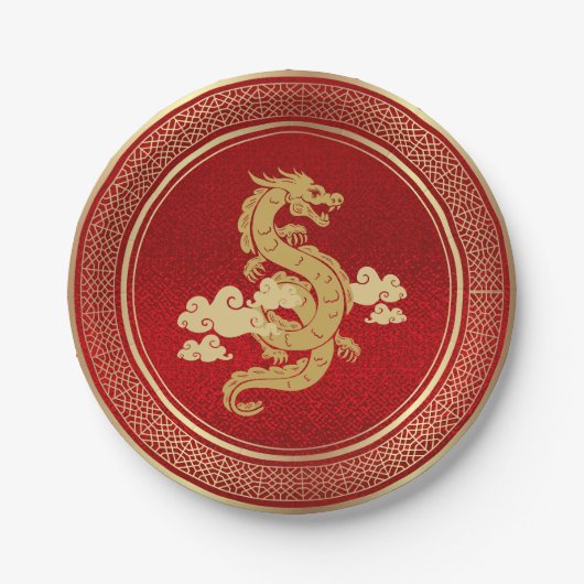 新年中国の金ゴールドドラゴンとレッドフォイル ペーパープレート (正面)