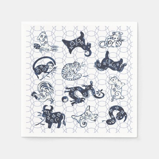 新年中国の青い動物〔占星術の〕十二宮図記号 スタンダードカクテルナプキン (正面)
