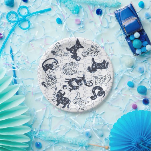 新年中国の青い動物〔占星術の〕十二宮図記号 ペーパープレート (パーティー)