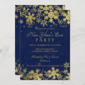 新年会パーティー ゴールド＆ネイビーブルー  雪の結晶 招待状 (正面/裏面)