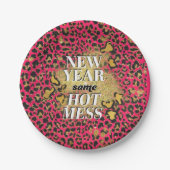 新年同じ暑いピンクの散らかった金ゴールドグリッターヒョウ ペーパープレート (正面)