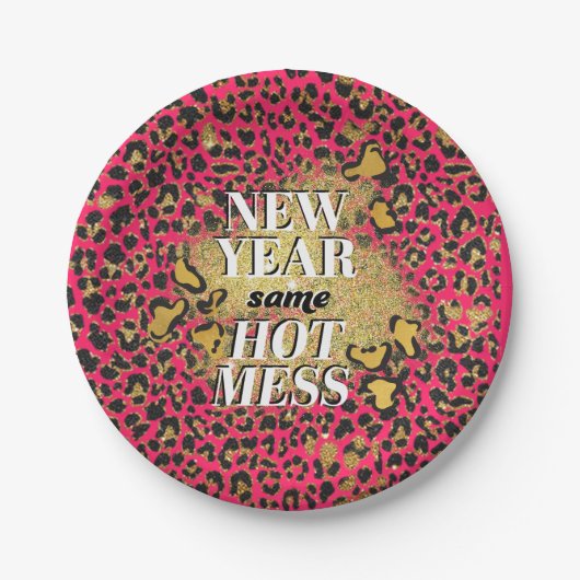 新年同じ暑いピンクの散らかった金ゴールドグリッターヒョウ ペーパープレート (正面)