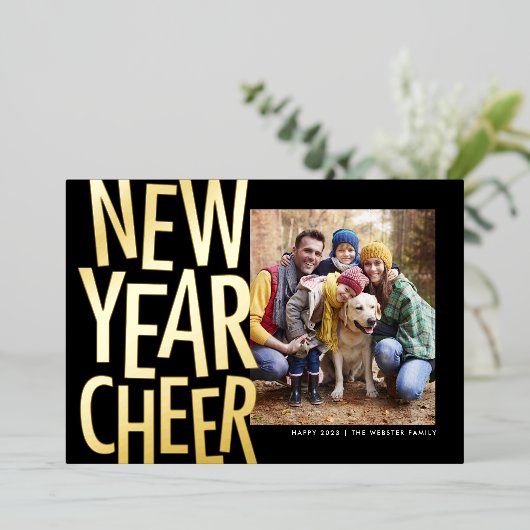 新年応援おもしろい金ゴールド1枚の写真紙吹雪 箔シーズンカード (立ち正面)