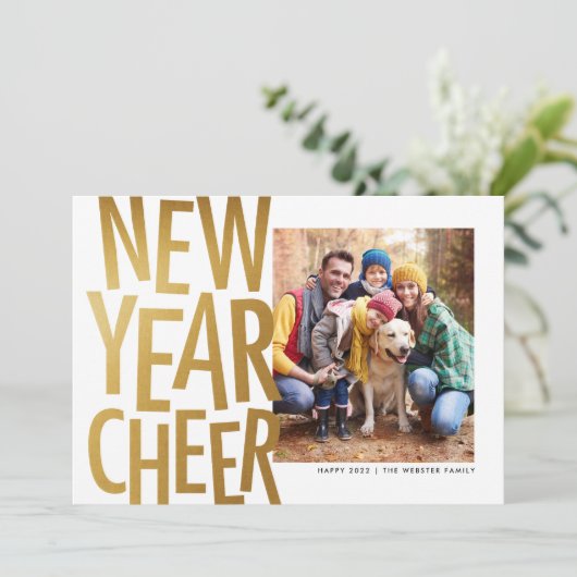 新年応援フェイク金ゴールドおもしろいワンフォトホリデーカー シーズンカード (スタンド正面)