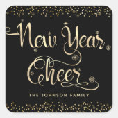 新年応援ブラック金ゴールドスクリプトスノーフレークグリッター スクエアシール (正面)