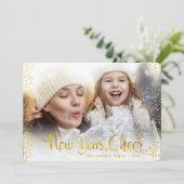 新年応援金ゴールドグリッタードット写真モダンはっきりした シーズンカード (スタンド正面)