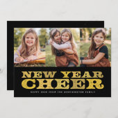 新年応援3枚フォトブラック金ゴールドホリデーカード シーズンカード (正面/裏面)