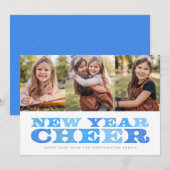 新年応援3枚フォトブルーのレトロなホリデーカード シーズンカード (正面/裏面)