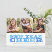 新年応援3枚フォトブルーのレトロなホリデーカード シーズンカード (スタンド正面)