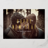 新年快乐。简单的金色字体照片 箔シーズンカード (正面)