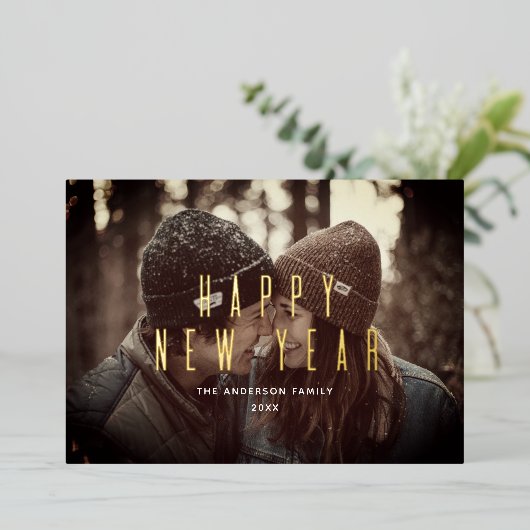 新年快乐。简单的金色字体照片 箔シーズンカード (立ち正面)