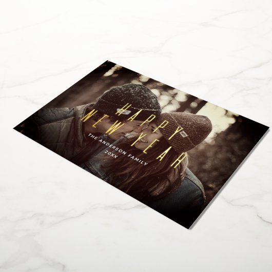 新年快乐。简单的金色字体照片 箔シーズンカード (回転した状態)