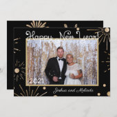 新年快楽 ブラック ゴールド あなた自身の写真を追加 シーズンカード (正面/裏面)