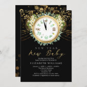 新年新生児時計金ゴールドブラックベビーシャワー 招待状 (正面/裏面)