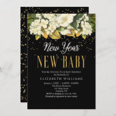 新年新生児金ゴールドブラックフローラベビーシャワー 招待状 (正面/裏面)