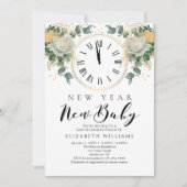 新年新生児金ゴールドホワイトフローラベビーシャワー 招待状 (正面)
