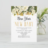 新年新生児金ゴールドホワイトフローラベビーシャワー 招待状 (スタンド正面)