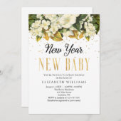 新年新生児金ゴールドホワイトフローラベビーシャワー 招待状 (正面/裏面)