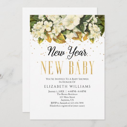 新年新生児金ゴールドホワイトフローラベビーシャワー 招待状 (正面/裏面)