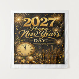 新年明けましておめでとうございます 2027 | 高級ゴールドの花火 タペストリー