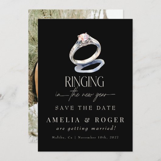 新年結婚の |写真の日付を保存 招待状 (正面/裏面)