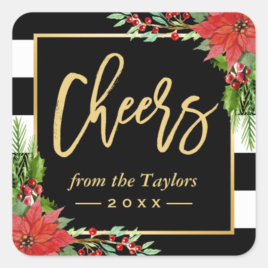 新年金ゴールドスクリプトポインセチアフローラへの応援 スクエアシール (正面)